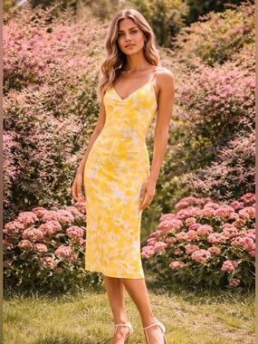 ROUJE PARIS Cornelia Peony Slip Midi Dress in Watercolor Yellow Size 34/2